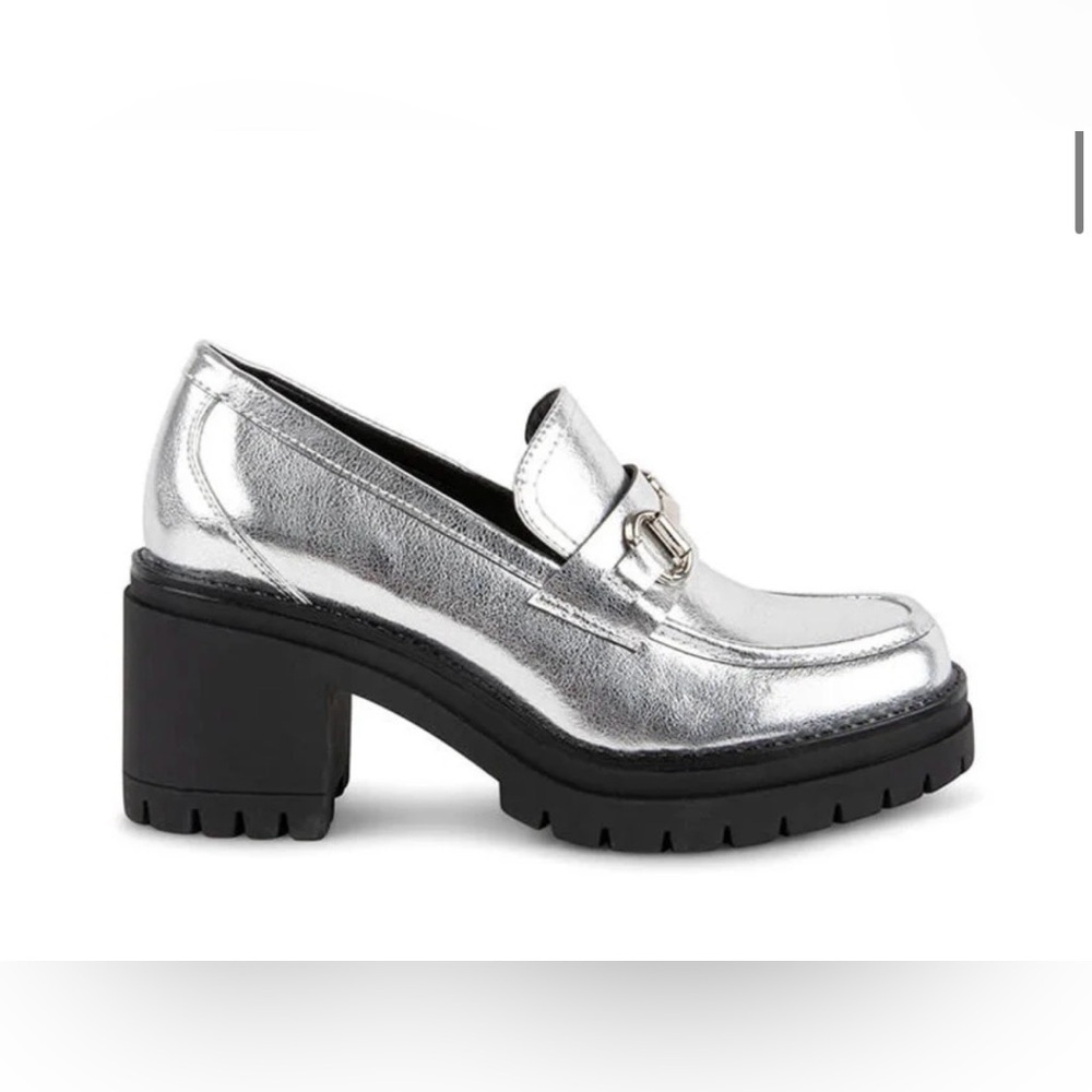 Steve Madden Bessa Silver Platform Loafers Size 39 Vegan Leather Chunky Heel - Picture 2 of 15